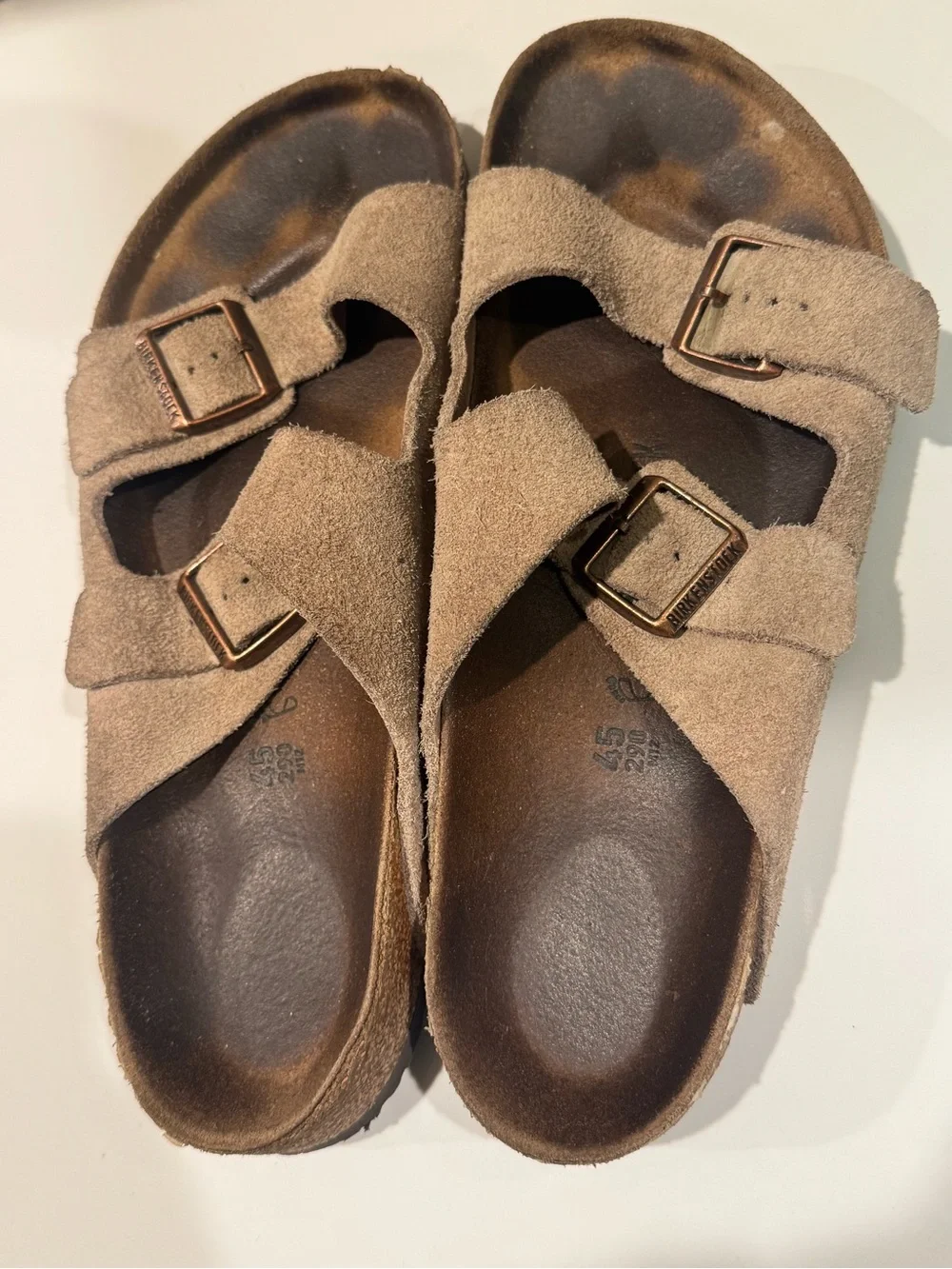 Suede Double-Buckle Birkenstock Sandals in Taupe